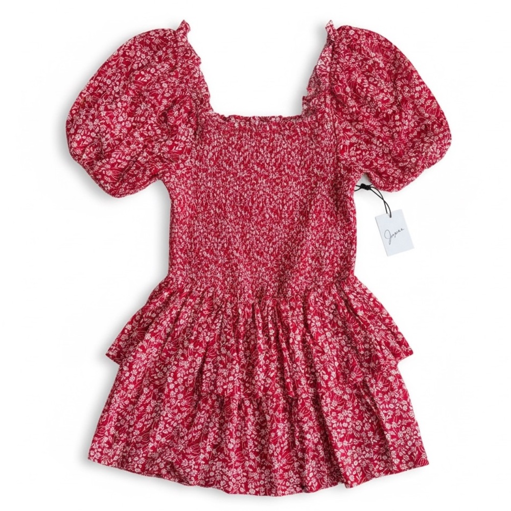 Joyana Smocked Floral Mini Dress Puff Sleeve Boho Cottagecore Resort Red XL
